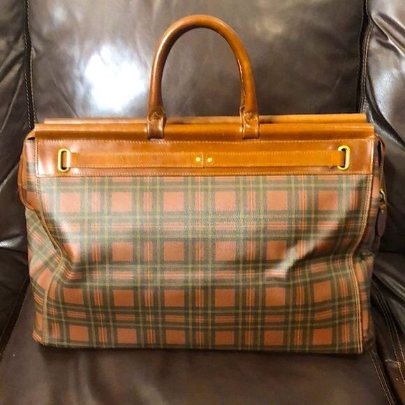 RALPH LAUREN Tartan Plaid Brown Green Doctor Bag Boston Weekend Travel Suitcase - Picture 4 of 17